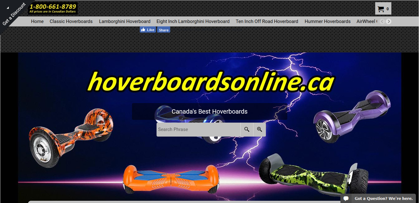 Screenshot of homepage of hoverboardsonline.ca